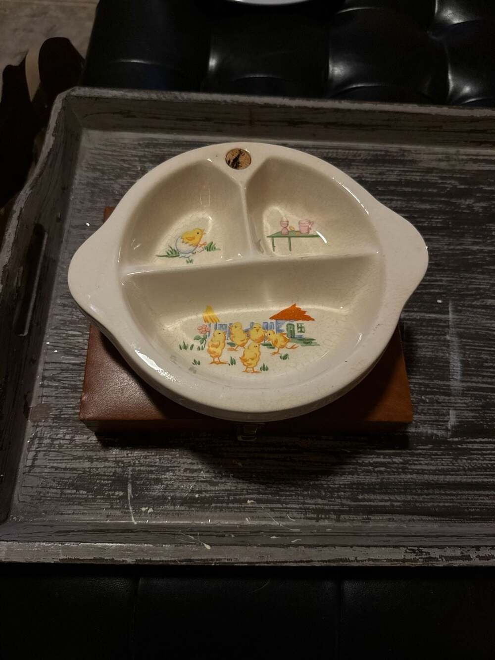 Vintage 1940s Excello Ceramic Divided Baby Food Warming Dish with Easter Chicks